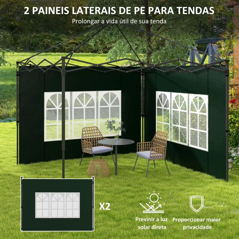 Outsunny Conjunto de 2 Paredes Laterais para Tendas de 3x3m e 3x6m Paredes Laterais com Janelas Transparentes 293x193cm Verde Escuro