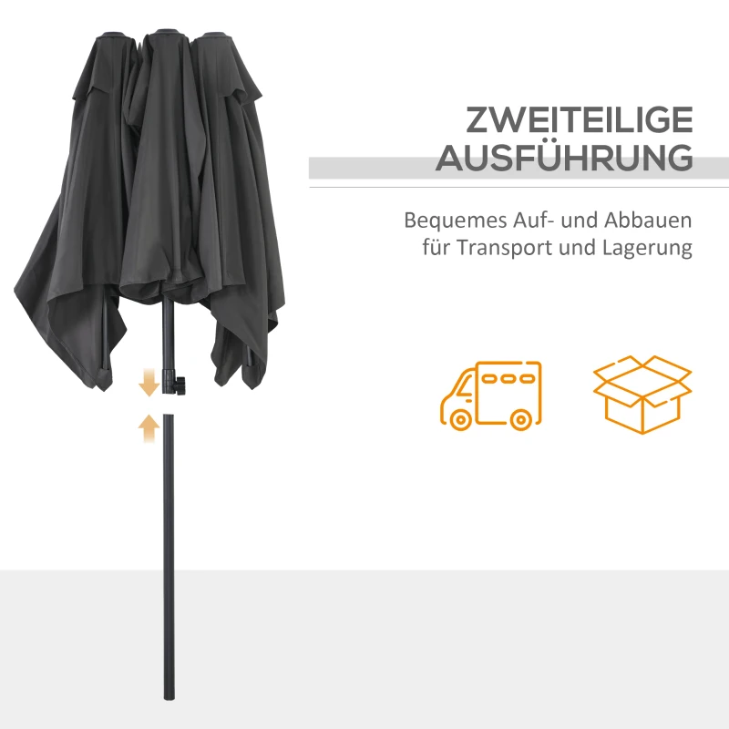 Outsunny Parasol, 150 x 295cm, Parasol ogrodowy, Podwójny parasol z regulowanym kątem nachylenia, Parasol rynkowy na taras, Poliester, Szary