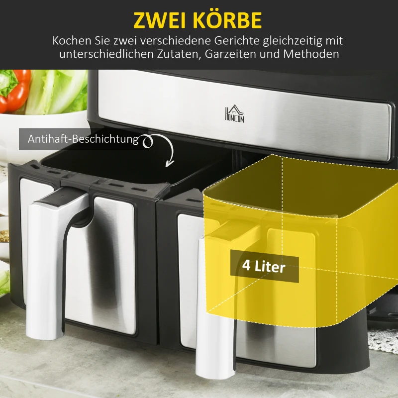 HOMCOM Heißluftfritteuse Multifunktionale Heißluftfritteuse, 8 L Fassungsvermögen, 2 Körbe, 60 min Time, Silber + Schwarz(m-4)