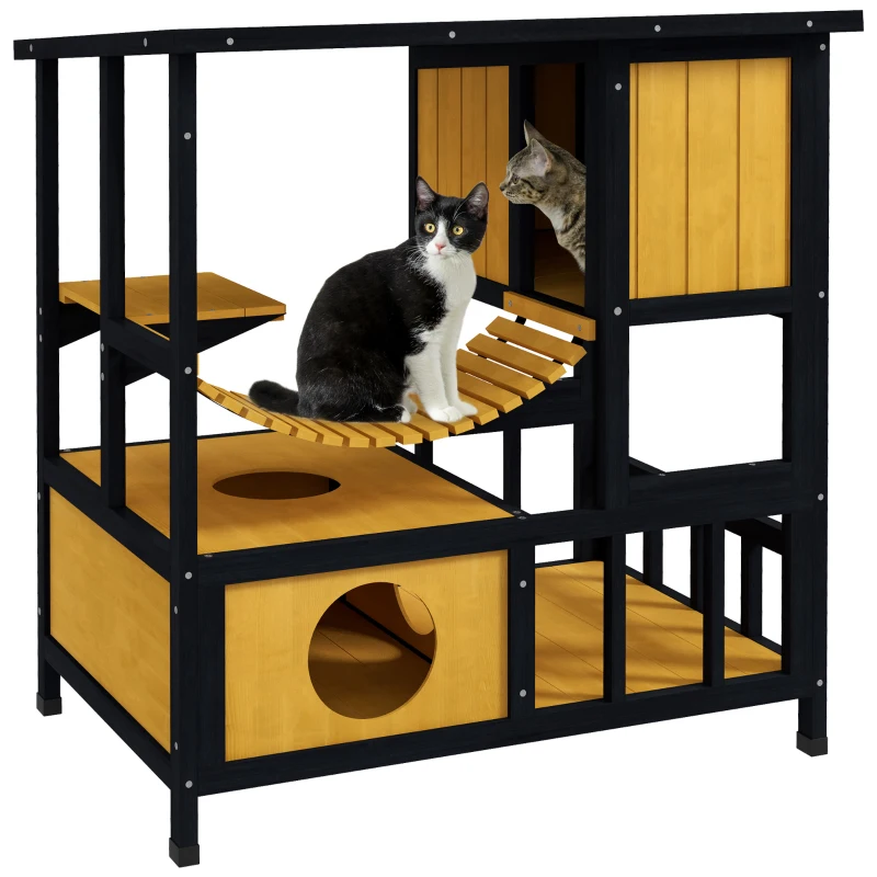PawHut Katzenhuis Kattenhut Kattenhol, weerbestendig, 1 helling, 1 platform, 84,5 x 60 x 88 cm, Groen + Natuur(m-10)