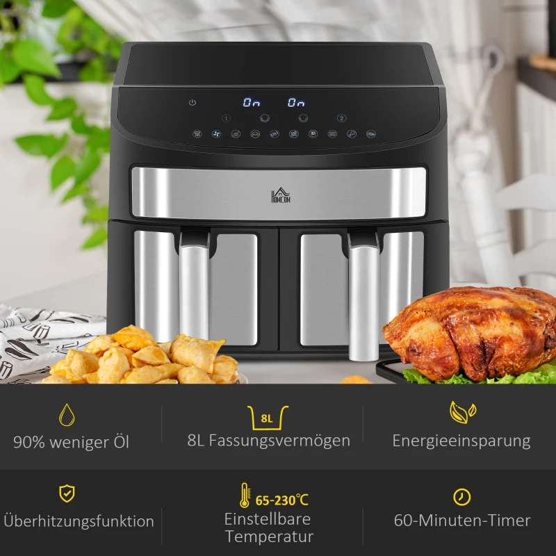 HOMCOM Heißluftfritteuse Multifunktionale Heißluftfritteuse, 8 L Fassungsvermögen, 2 Körbe, 60 min Time, Silber + Schwarz(m-7)