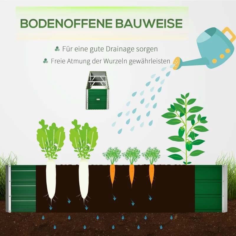 Outsunny Stalowa donica ogrodowa z 3 osobnymi obszarami do uprawy, otwarty dół, prosty montaż, 183 x 47 x 40cm, Zielony