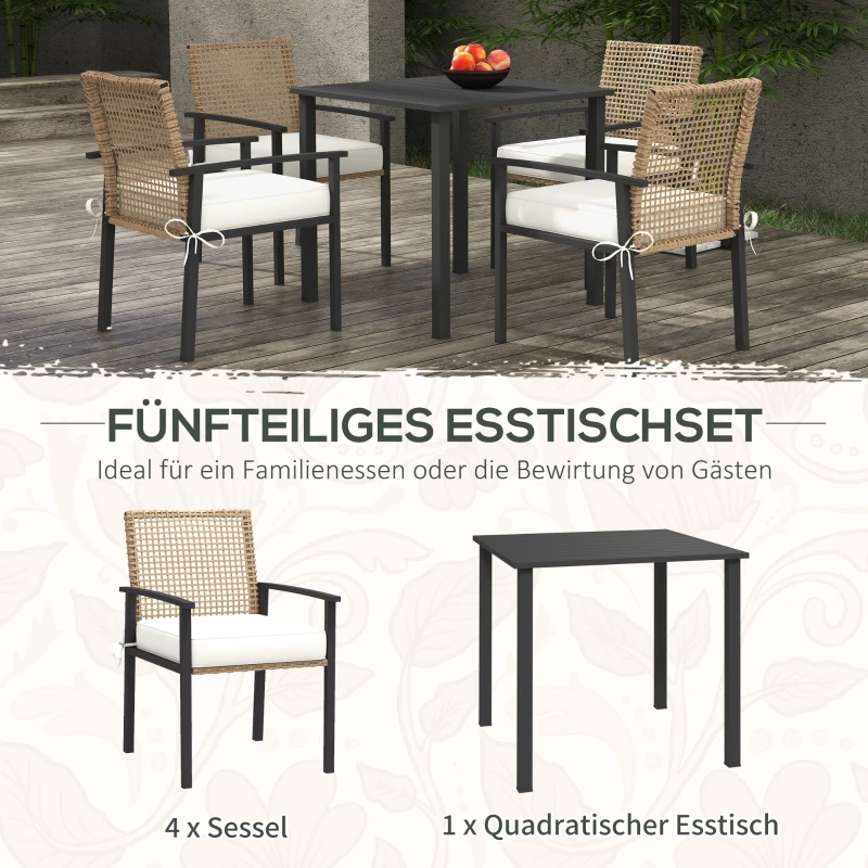 Outsunny Tuinset, 5-delig, Tafel, 4 Stoelen met Zitkussens, Metalen Frame, Rattan Decor, Natuurlijk