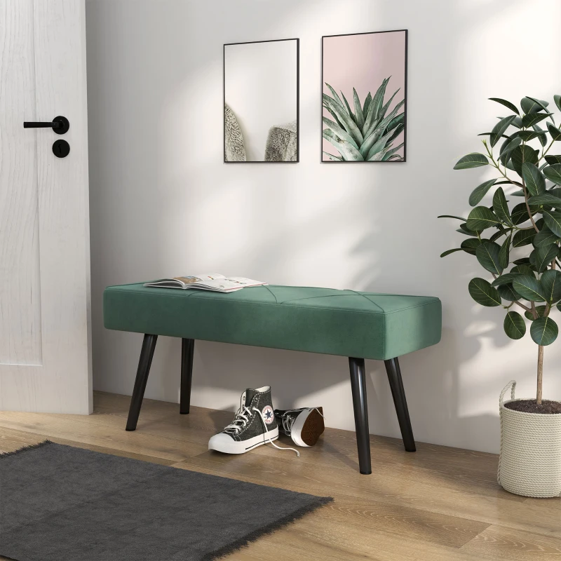 HOMCOM Ławka tapicerowana łóżkowa, ławka do przedpokoju z wzorem X, w wykończeniu z weluru, wytrzymała do 120 kg, do sypialni, 100 x 36 x 45 cm, zielona