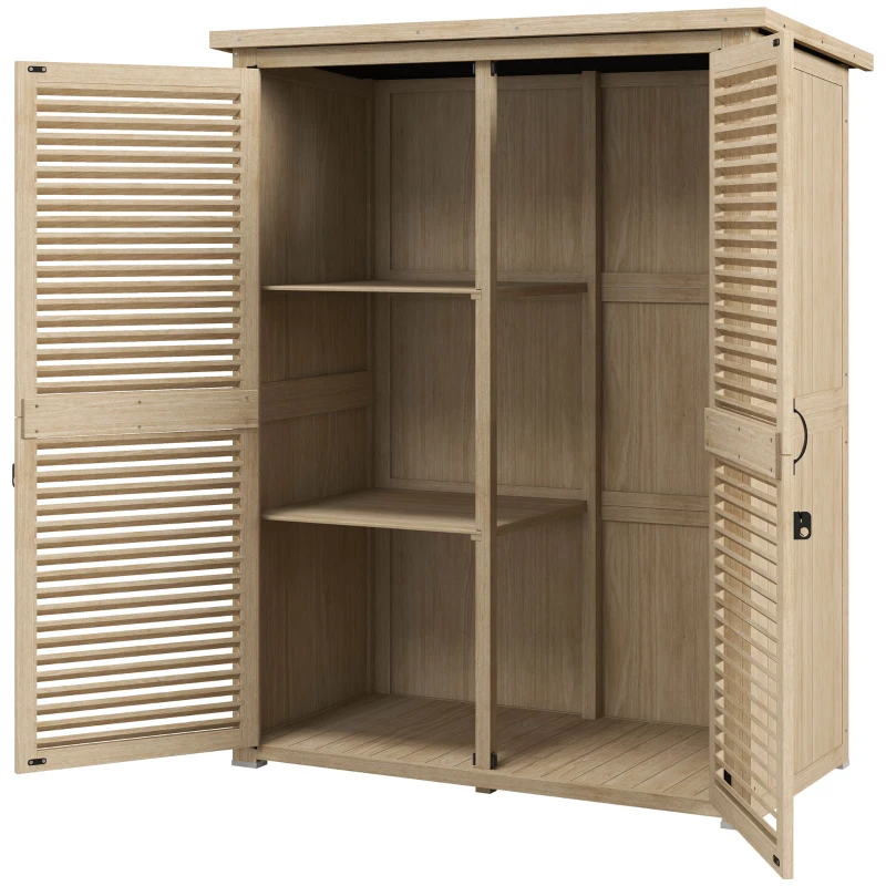 Outsunny Armário de Jardim de Madeira 0,83 m² 127x65x168 cm com 2 Portas de Persiana 2 Prateleiras 2 Alças e Telhado Impermeável Natural