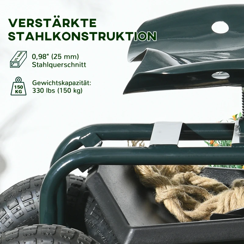 Outsunny Tuinwagen met zitplaats, draaibaar, verstelbaar in hoogte, tot 150 kg, staal, Donkergroen