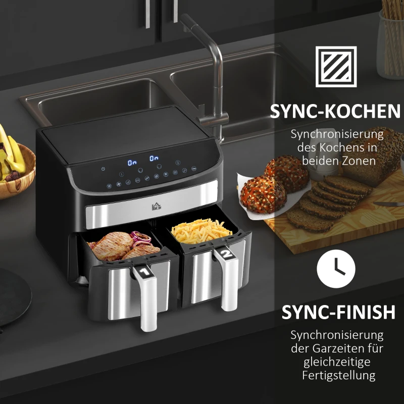 HOMCOM Heißluftfritteuse Multifunktionale Heißluftfritteuse, 8 L Fassungsvermögen, 2 Körbe, 60 min Time, Silber + Schwarz(m-6)