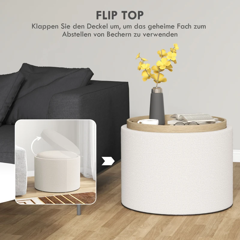 HOMCOM Hoker z miejscem na przechowywanie, w lnu, ukryty schowek, pokrywa odwracalna, 56 cm x 56 cm x 42 cm, kremowy + naturalny