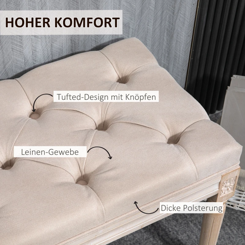 HOMCOM Pufa tapicerowana Vintage, łóżkowa ławka sypialniana z guzikami, wykończenie lniane, wytrzymała do 120 kg, 117x40x48cm, beżowa