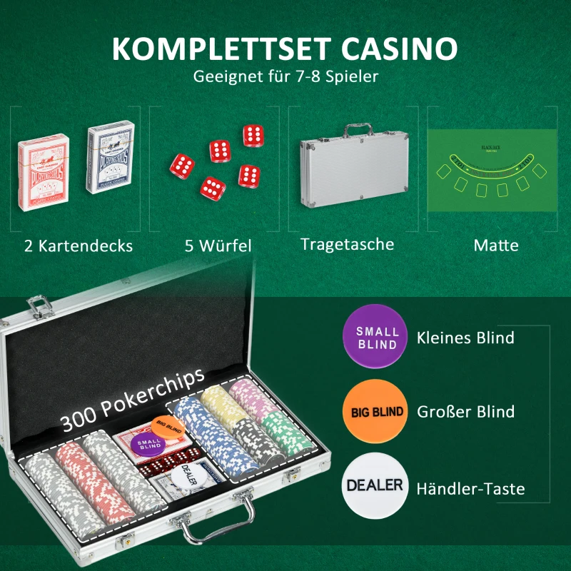 SPORTNOW Casino accessoires en chips pokerset met pokerchipkoffer, inclusief onderlegger, set met 300 chips, 2 kaartspellen, 5 dobbelstenen