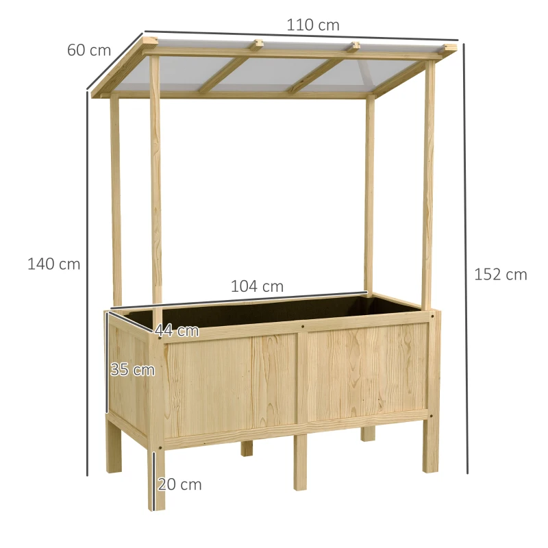 Outsunny Houten verhoogde plantenbak met dak, afwateringsgaten, voering van vliesdoek, weerbestendig, sparrenhout, 110x60x152 cm