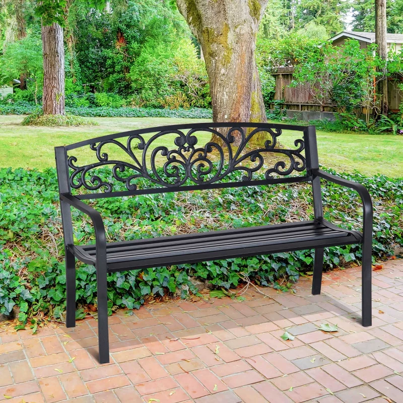Outsunny Ławka Ogrodowa Metalowa z Wzornictwem Kwiatowym, 2-osobowa, Nośność 240 kg, Stal, 127D x 60S x 87W cm, Czarny