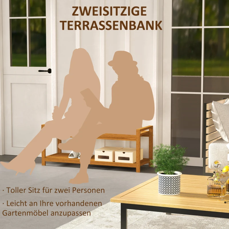 Outsunny Tuinbank voor 2 personen, met opbergplank, van acaciahout, latten zitting, 118 x 40,5 x 46 cm, teak