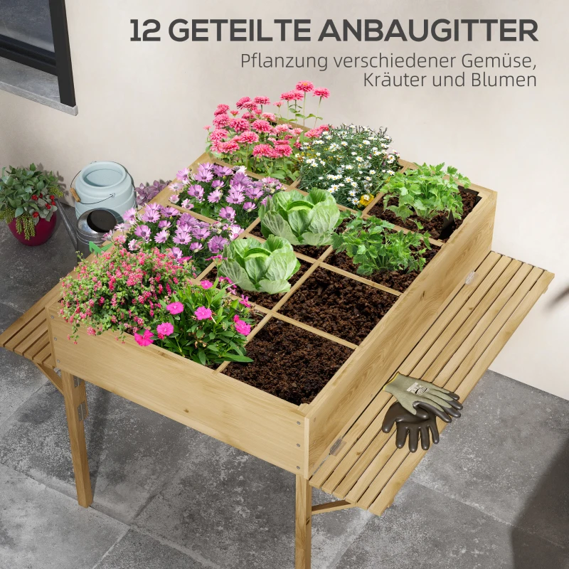 Outsunny Houten verhoogde plantenbak met 12 scheidingsroosters, inklapbare zijplanken, weerbestendig, sparrenhout, 122 x 91,5 x 89 cm