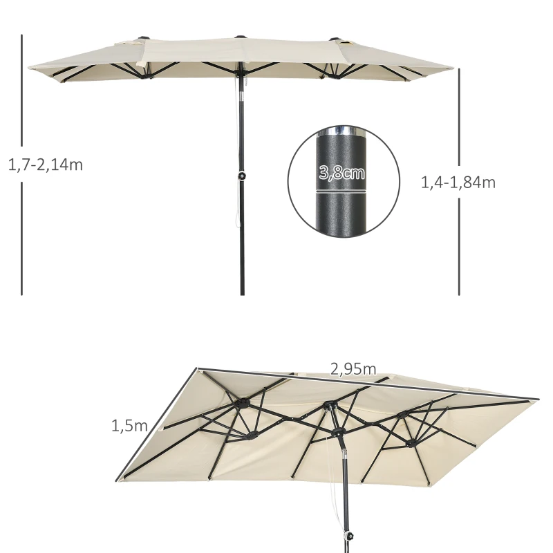 Outsunny Parasol, 150 x 295cm, Parasol ogrodowy z podwójnym daszkiem i regulowanym kątem nachylenia, Parasol rynkowy na taras, Poliester, Kremowy