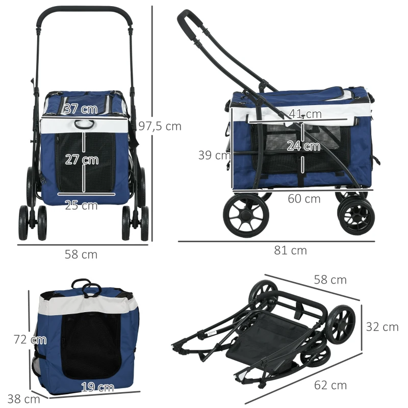 PawHut Hundbuggy Haustierbuggy Haustiertransporter bis 10kg klappbar verstellbare Trageriemen abnehmbarer Korb 81 x 58 x 97,5 cm Schwarz + Blau + Weiß(m-3)