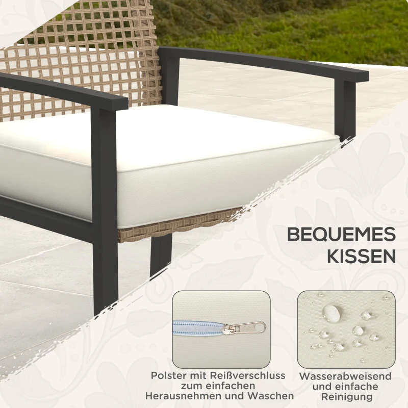 Outsunny Tuinset, 5-delig, Tafel, 4 Stoelen met Zitkussens, Metalen Frame, Rattan Decor, Natuurlijk