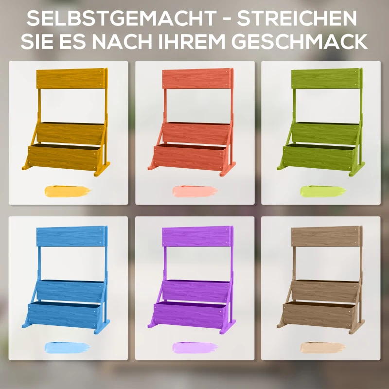 Outsunny Wysoka grządka, 3 skrzynki na kwiaty, odporna na warunki atmosferyczne, otwory odpływowe, wyściółka wewnętrzna, rama z naturalnego drewna, 108 x 80 x 140 cm