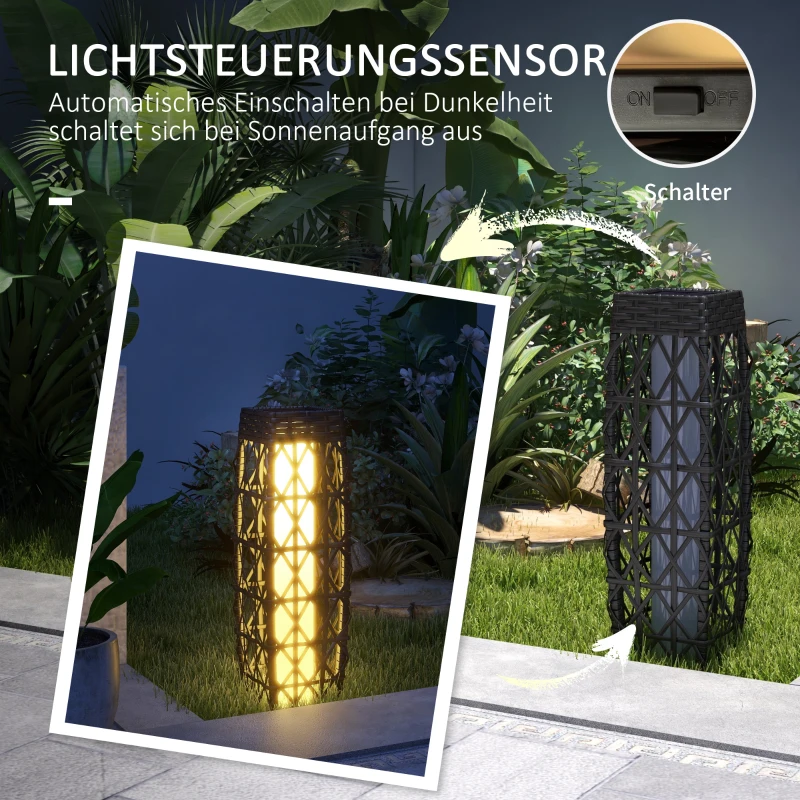 Outsunny Rieten Buitenlamp, Zonne Tuinlamp, Automatische Aan/Uit, LED, Weerbestendig, Metalen Frame, 20 x 20 x 68cm, Grijs