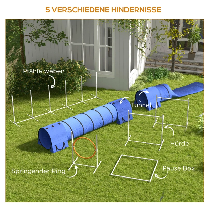 PawHut Honden-Agility-Set Hondenparcours, 1 ring, 2 tunnels, 2 hindernissen, 321 cm x 63 cm x 93 cm, Blauw + Rood + Wit(m-5)