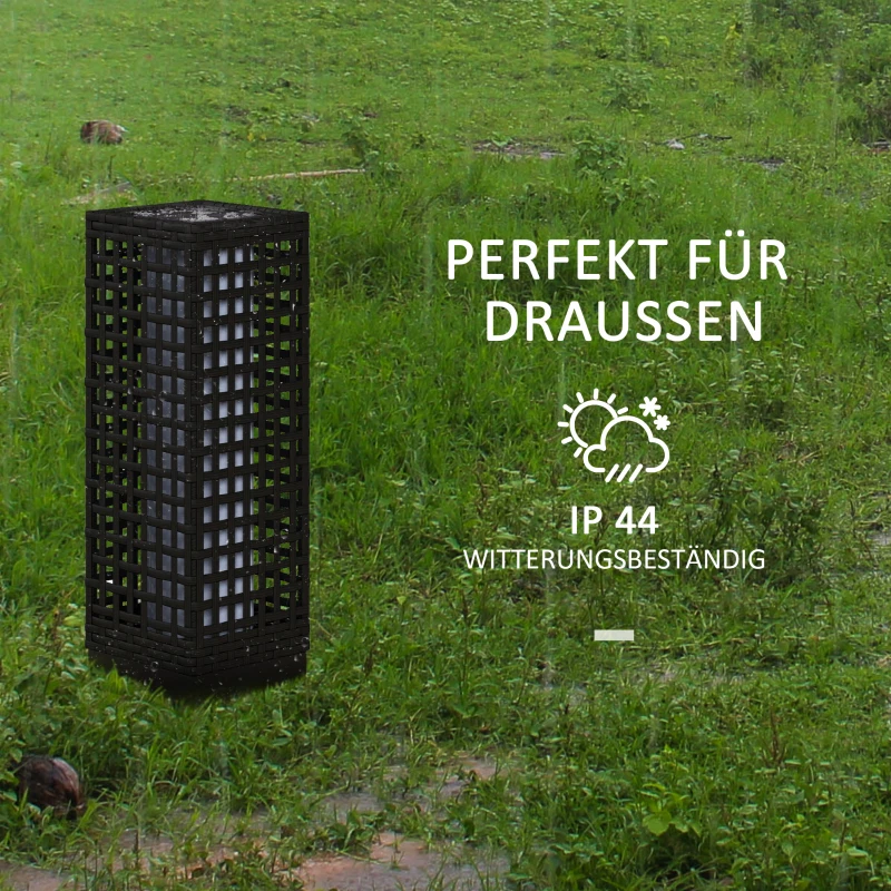 Outsunny Buitenlantaarn met zonnepaneel, automatische inschakeling, 8 uur bedrijfstijd, rotanlook, staal, 15,5 x 15,5 x 46 cm, zwart