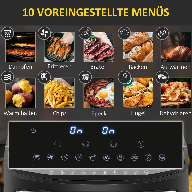HOMCOM Heißluftfritteuse Multifunktionale Heißluftfritteuse, 8 L Fassungsvermögen, 2 Körbe, 60 min Time, Silber + Schwarz(m-5)