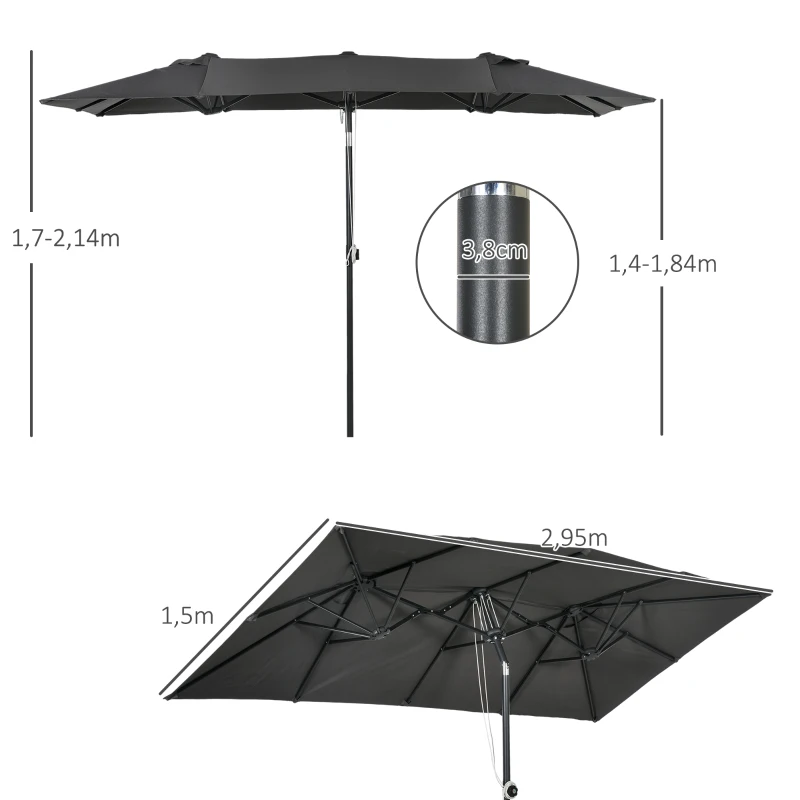 Outsunny Parasol, 150 x 295cm, Parasol ogrodowy, Podwójny parasol z regulowanym kątem nachylenia, Parasol rynkowy na taras, Poliester, Szary