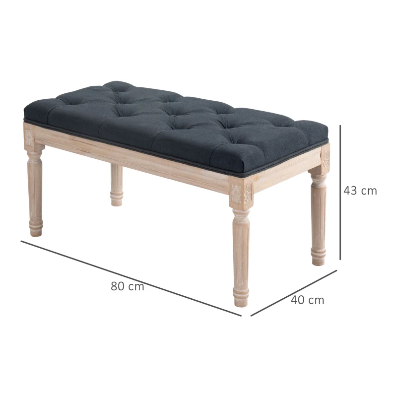 HOMCOM Tapicerowana ławka w stylu vintage, ławka do sypialni z guzikami, wykończona w lnianej fakturze, wytrzymała do 120 kg, 80x40x43cm, kolor ciemnoszary