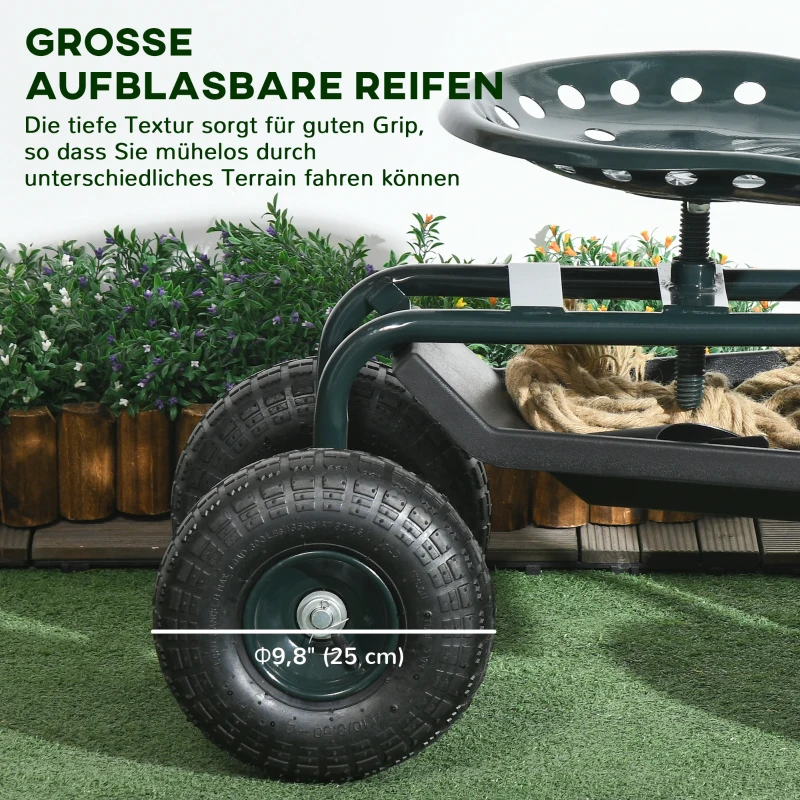 Outsunny Tuinwagen met zitplaats, draaibaar, verstelbaar in hoogte, tot 150 kg, staal, Donkergroen