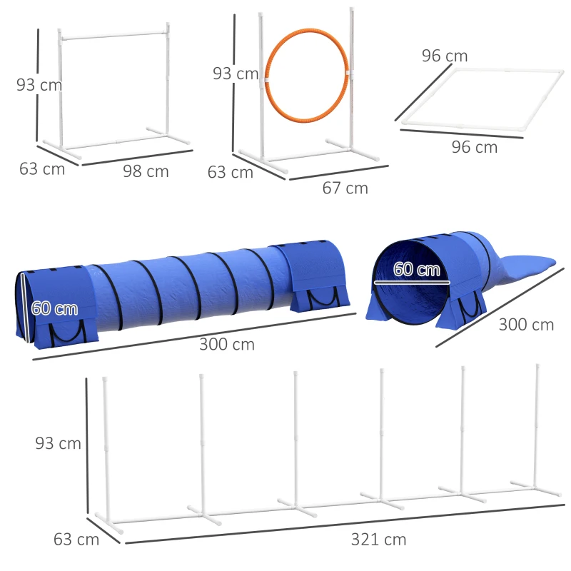 PawHut Honden-Agility-Set Hondenparcours, 1 ring, 2 tunnels, 2 hindernissen, 321 cm x 63 cm x 93 cm, Blauw + Rood + Wit(m-3)