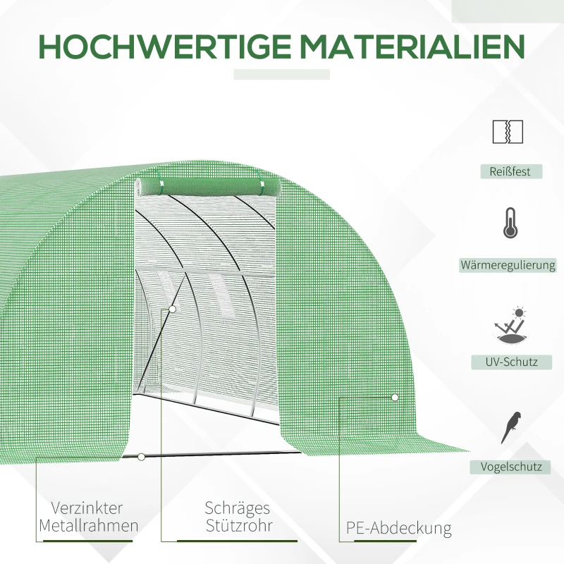 Outsunny Szklarnia foliowa, beżowa, 8 okien z siatką przeciwko owadom, solidna folia, stelaż stalowy, 6 x 3 x 2 m, Zielony