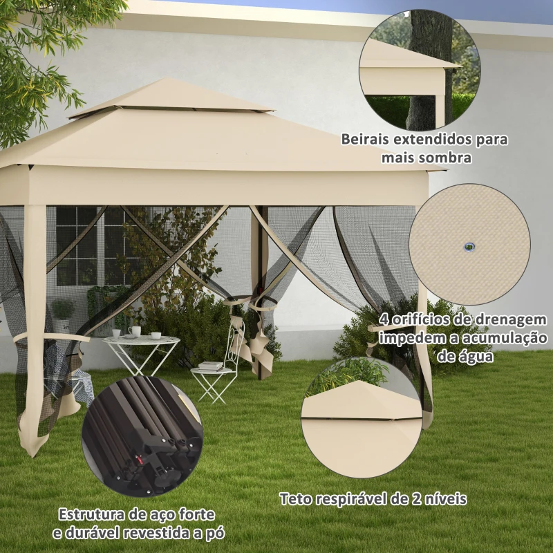 Outsunny Tenda Dobrável de Exterior Tenda de Jardim com Teto Duplo Rede Mosquiteira Amovível 325x325x270 cm Creme
