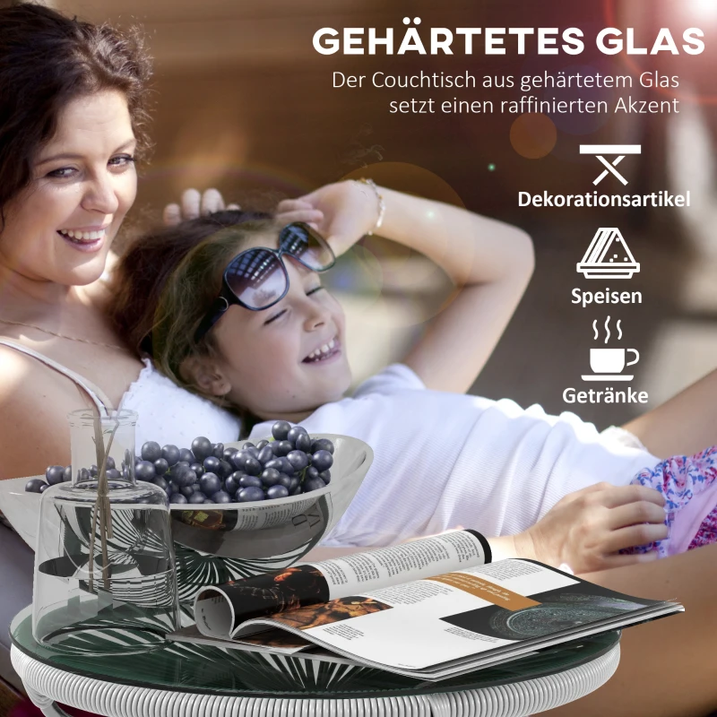 Outsunny Gartentafel in Boho-stijl voor buiten, bijzettafel, PE-rattan, gehard glas, weerbestendig, 50 cm x 50 cm x 50 cm, Grijs