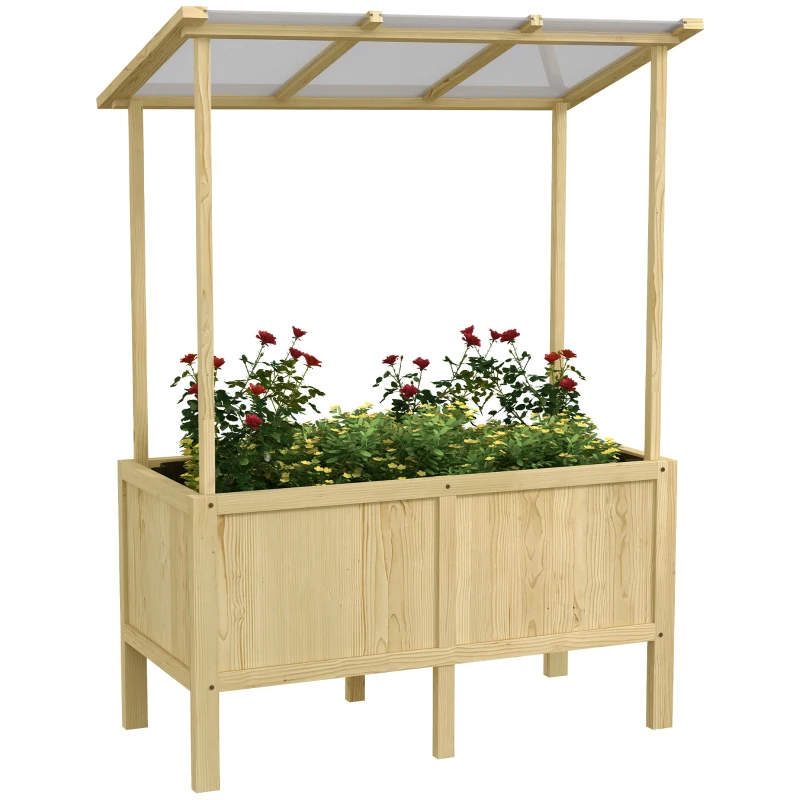 Outsunny Houten verhoogde plantenbak met dak, afwateringsgaten, voering van vliesdoek, weerbestendig, sparrenhout, 110x60x152 cm