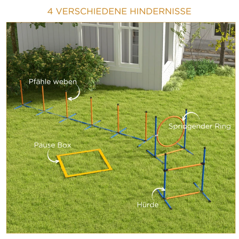 PawHut Honden-Agility-Set Hondenparcours, 1 Ring, 1 Horden, 1 Slalom-Set, 352 cm x 66 cm x 69 cm, Blauw + Rood