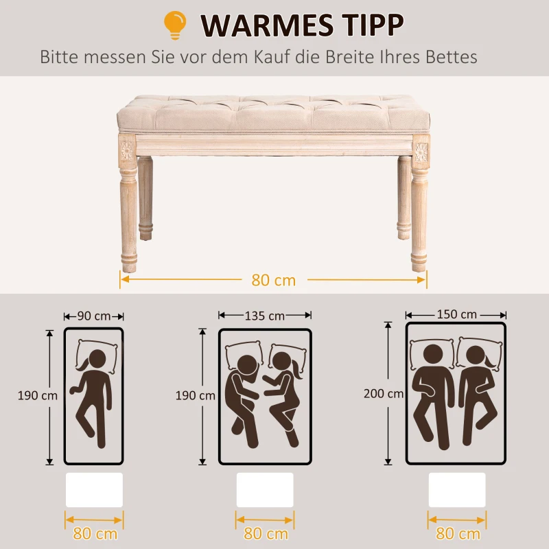 HOMCOM Pufa tapicerowana Vintage, ławka do sypialni z guzikami, wykończenie lniane, wytrzymała do 120 kg, 80x40x43cm, beżowa