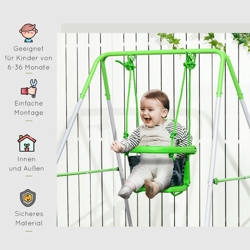 Outsunny Huśtawka dla dzieci, dla 6-36 miesięcy, Poręcz bezpieczeństwa, Pasek bezpieczeństwa, Stalowy stelaż, 122 x 146 x 122 cm, Zielony