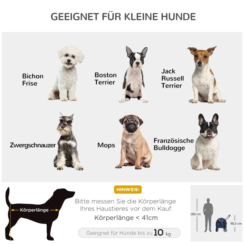 PawHut Hundewagen Hundebuggy bis 10 kg Klappbar Regenschutz, 2 Sicherheitsleinen 81x 68 x 98,5 cm Dunkelblau(m-4)