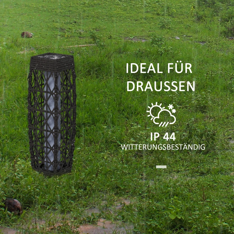 Outsunny Rieten Buitenlamp, Zonne Tuinlamp, Automatische Aan/Uit, LED, Weerbestendig, Metalen Frame, 20 x 20 x 68cm, Grijs