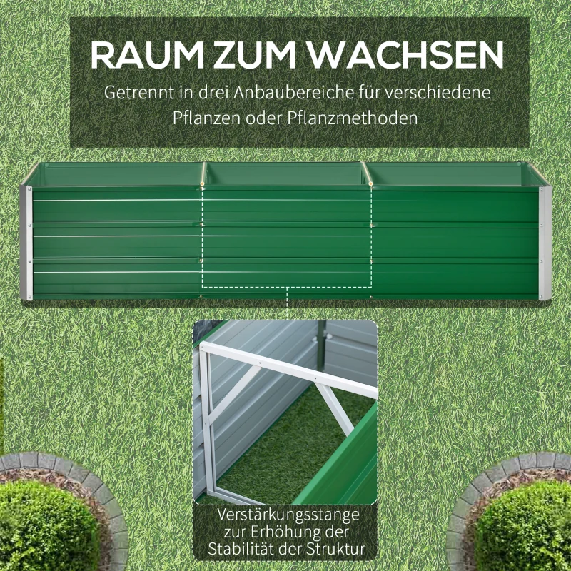 Outsunny Stalowa donica ogrodowa z 3 osobnymi obszarami do uprawy, otwarty dół, prosty montaż, 183 x 47 x 40cm, Zielony