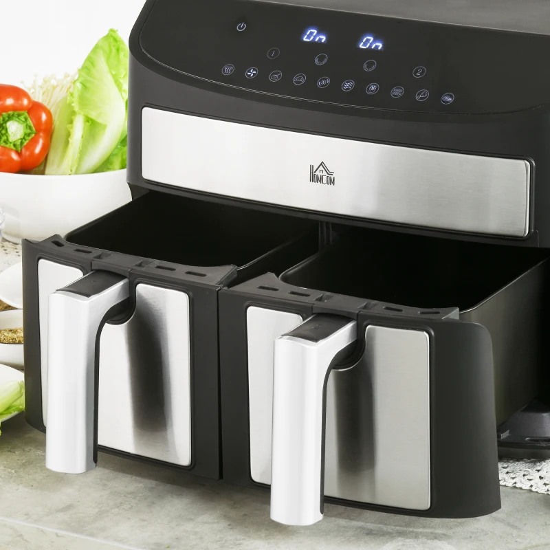 HOMCOM Heißluftfritteuse Multifunktionale Heißluftfritteuse, 8 L Fassungsvermögen, 2 Körbe, 60 min Time, Silber + Schwarz(m-8)