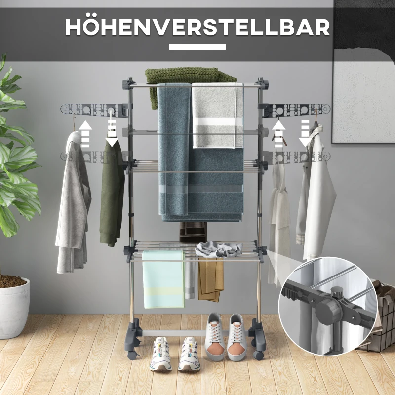 HOMCOM Stojak na pranie Suszarka do ubrań. 4 poziomy, składany, system One-Click, 142 cm x 55 cm x 152 cm Niebieski + Srebrny