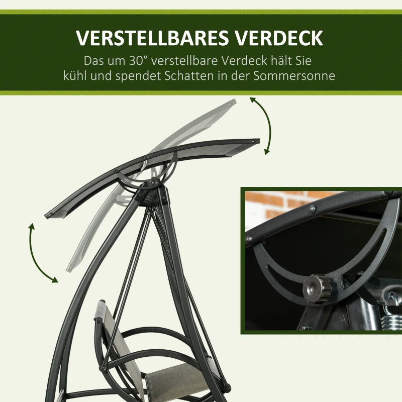 Outsunny Huśtawka ogrodowa 3-osobowa z regulowanym daszkiem przeciwsłonecznym, ochrona UV, ławka huśtawki do 330 kg, tkanina tekstylna, do ogrodu, tarasu, kolor czarny