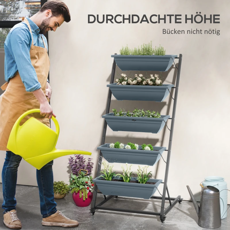 Outsunny Stapelbare Plantentrap Bloemenstandaard Plantenbak, Weerbestendig, 65 x 67 x 145 cm, Grijs + Zwart