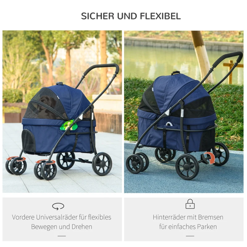 PawHut Hundewagen Hundebuggy bis 10 kg Klappbar Regenschutz, 2 Sicherheitsleinen 81x 68 x 98,5 cm Dunkelblau(m-6)