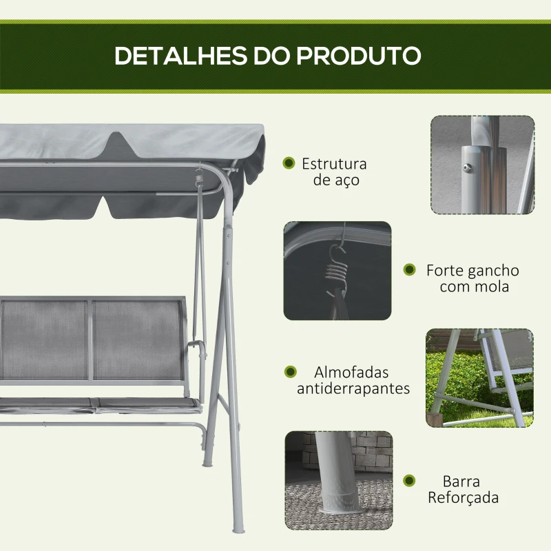 Outsunny Baloiço Jardim de 3 Lugares com Toldo Ajustável Encosto Respirável e Estrutura de Metal Carga 240kg 171x108x154cm Cinza