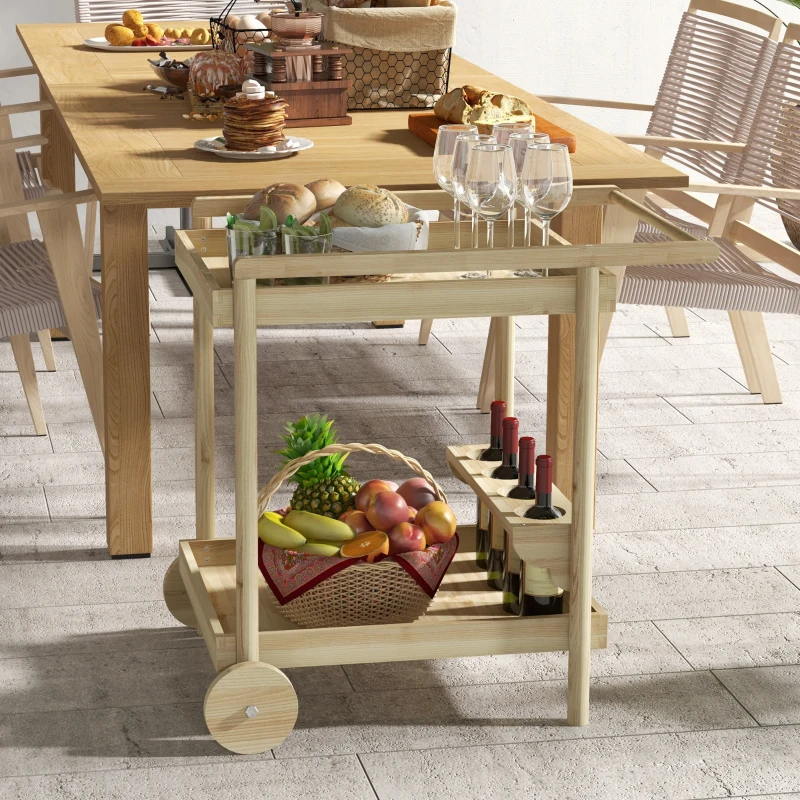 Outsunny Carrinho de Madeira com Rodas com 2 Prateleiras 4 Porta-copos e Alça para Jardim Terraço Pátio 78x58,5x75 cm Natural