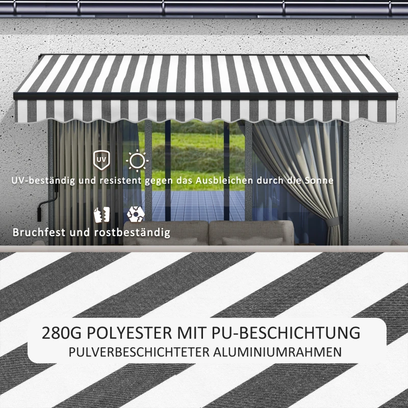 Outsunny Zonwering Terrasluifel, weerbestendig, 1 Handzwengel, 395 x 250 x 150 cm, Grijs + Wit