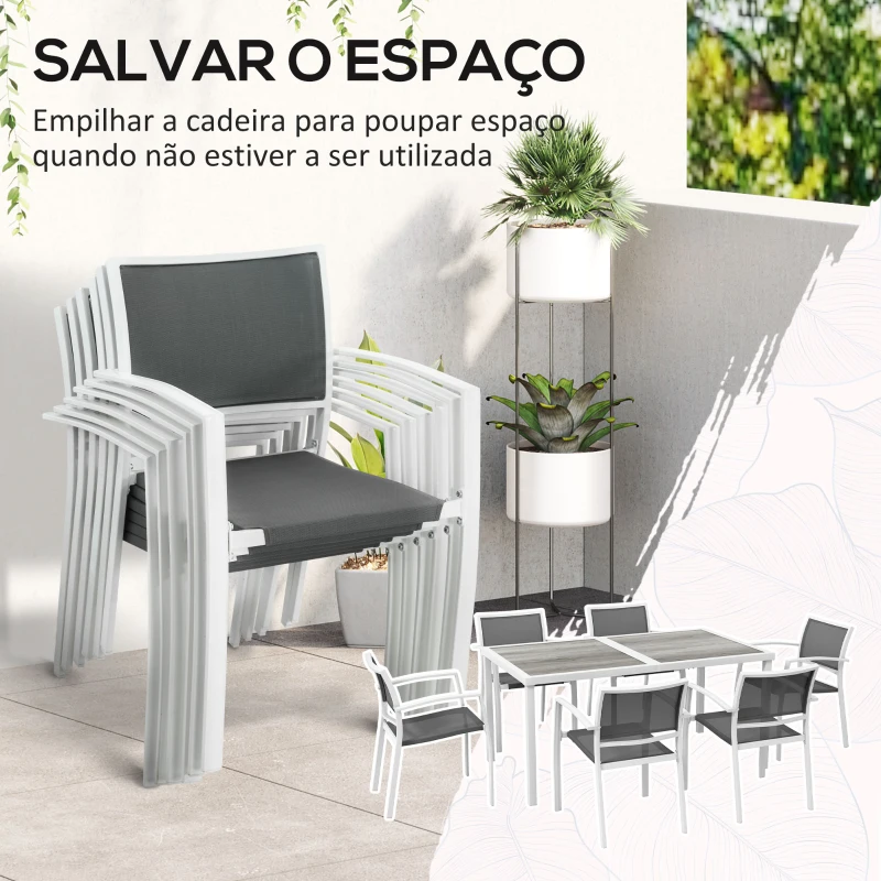 Outsunny Conjunto de Refeição de Jardim de 7 Peças com 1 Mesa e 6 Cadeiras Empilháveis Estilo Moderno Branco e Cinza
