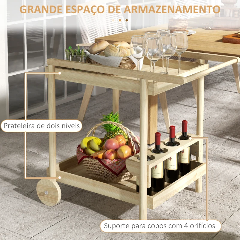 Outsunny Carrinho de Madeira com Rodas com 2 Prateleiras 4 Porta-copos e Alça para Jardim Terraço Pátio 78x58,5x75 cm Natural